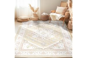 BESTSWEETIE 5x7 Area Rugs for Living Room Washable Non Slip Carpet Low Pile Soft Vintage Print Pattern Rug for Bedroom Dining Room Kitchen Entryway Indoor-Cream/Light Yellow/Brown/Blue/Red/Pink