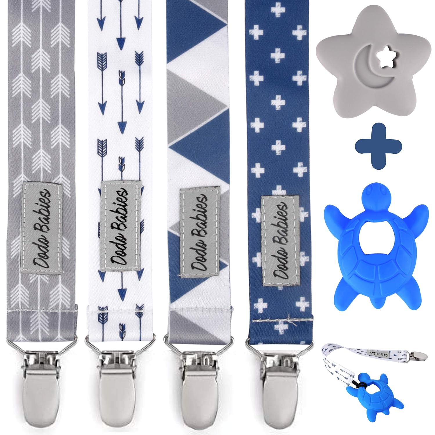 Pacifier Clip by Dodo Babies Pack of 4 + 2 Teether Toys, Premium Quality Modern Designs Universal Holder Leash for Boys and Girls, Teething Toy or Soothie, Baby Shower Gift Set : Baby