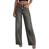JOKELAMB Womens Wide Leg Jeans Mid High Waisted Baggy Straight Leg Stretchy Denim Pants Seamed Long Trousers