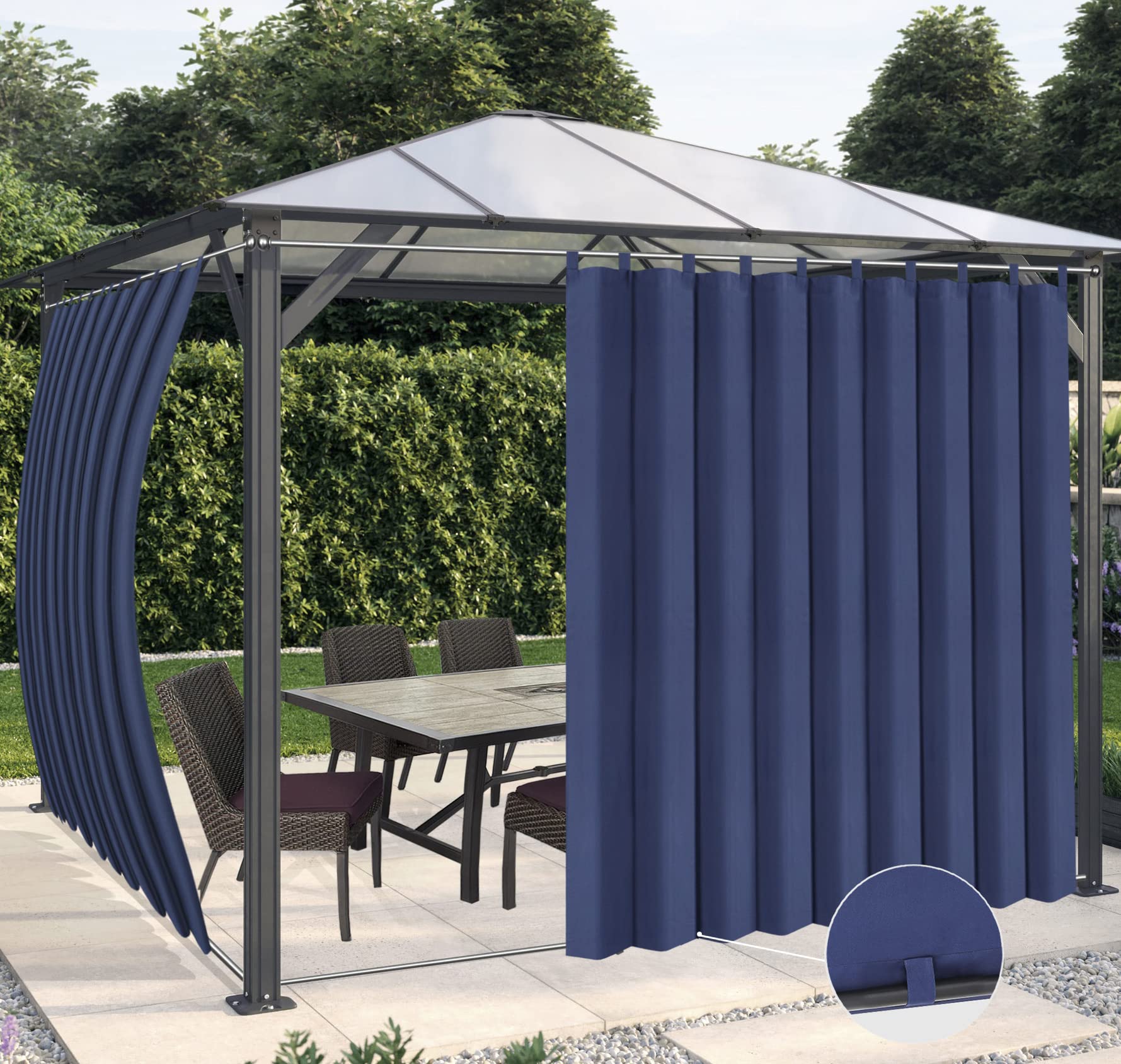 OutdoorLines Waterproof Outdoor Curtains for Patio - Windproof Tab Top Gazebo Curtain Panels - Privacy Sun Blocking Outside Curtain Set for Porch, Pergola and Cabana 110 x 96 inch, Navy Blue, 2 Panels Image OutdoorLines Waterproof Outdoor Curtains for Patio - Windproof Tab Top Gazebo Curtain Panels - Privacy Sun Blocking Outside Curtain Set for Porch, Pergola and Cabana 110 x 96 inch, Navy Blue, 2 Panels Image