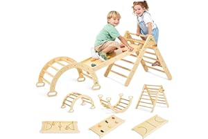 FUN FOREST 7-in-1 Wooden Pikler Triangle Set, Real Wood Foldable Montessori Indoor Jungle Gym for Toddlers with Air Hockey Table (Medium)