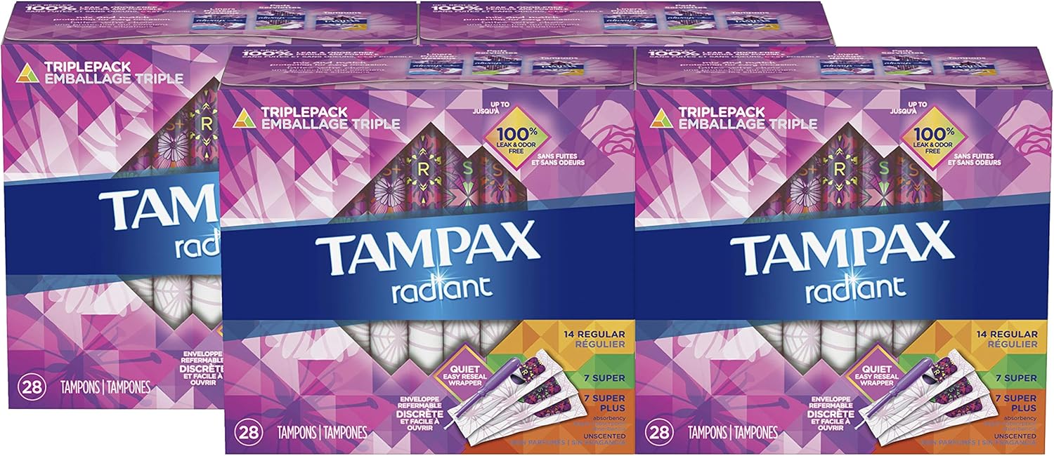 Tampax Radiant Plastic Tampons, Regular/Super/Super Plus Absorbency Triplepack, 112 Count, Unscented (28 Count, Pack of 4 - 112 Count Total): Health & Personal Care
