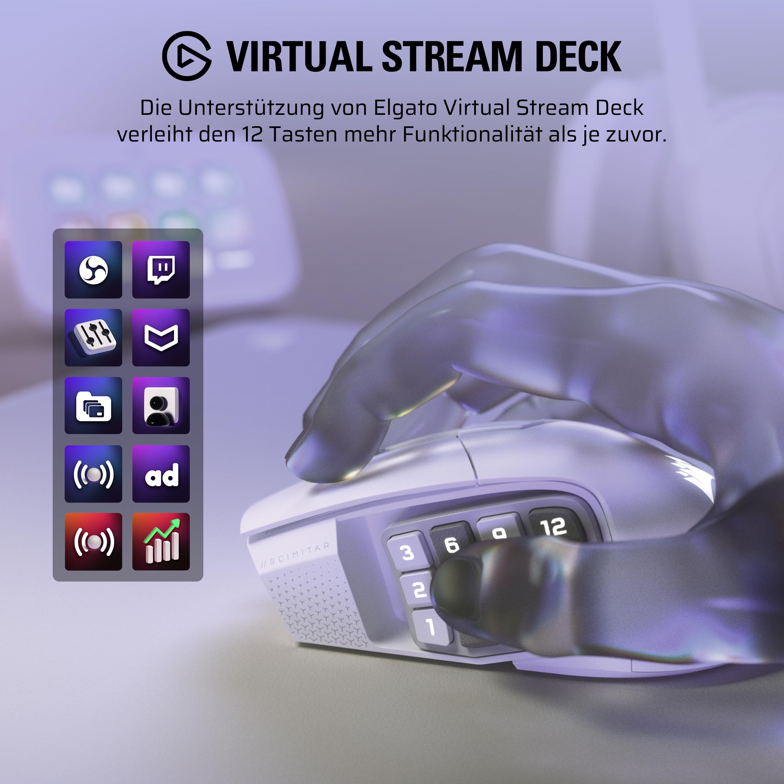 Corsair Scimitar Elite Wireless SE MMO Gaming Maus – 33.000 DPI, 16 Programmierbare Tasten, Einstellbarer Key Slider, Virtual Stream Deck, 1K Hyper-Polling - PC, PS5, PS4, Xbox, Mac – Weiß 5
