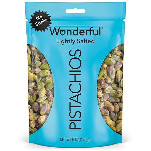 WONDERFUL PISTACHIOS NO SHELLS, LIGHTLY SALTED NUTS, 6 OUNCE RESEALABLE BAG, PROTEIN SNACKS, GLUTEN FREE, HEALTHY SNACK (PACKAGING MAY VARY)