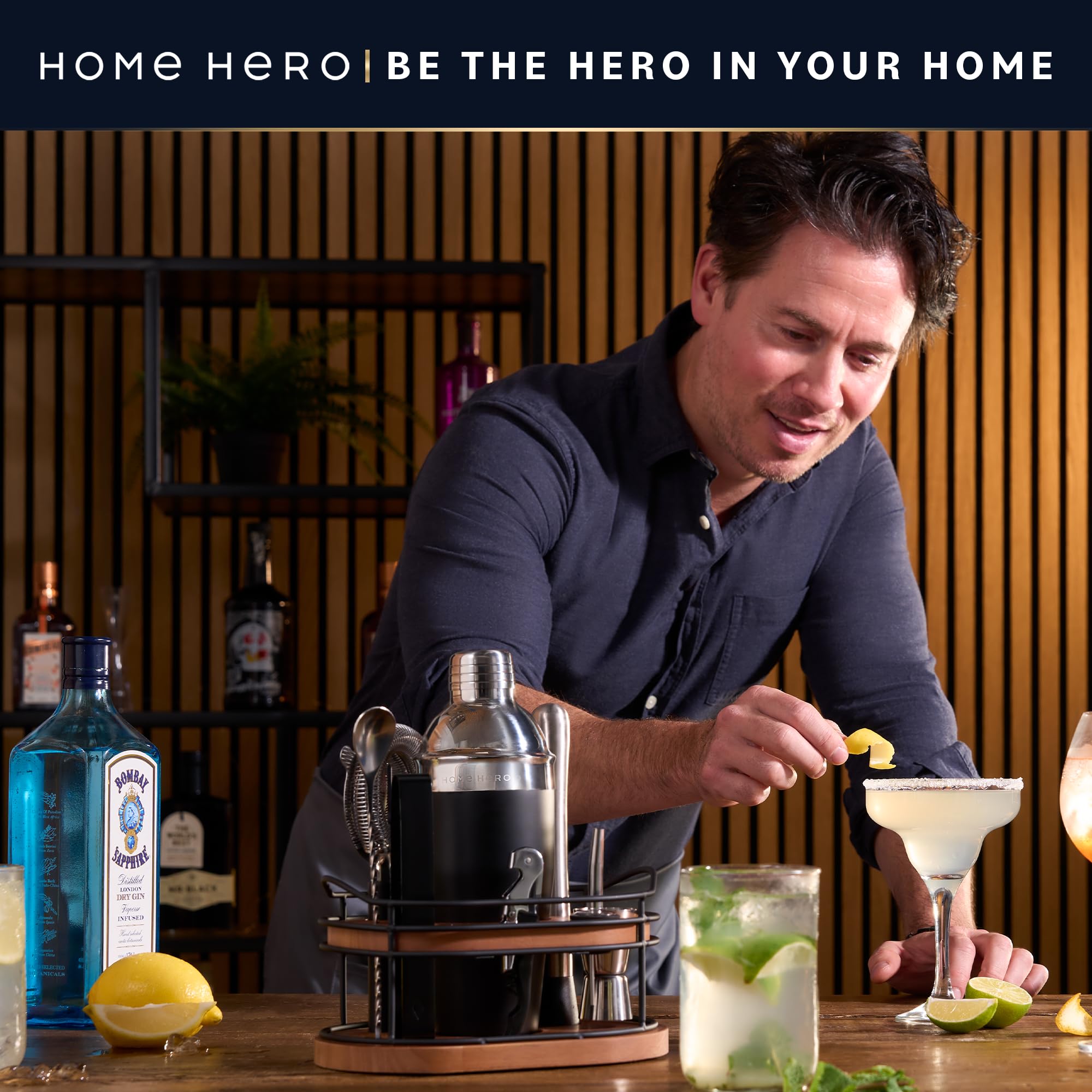 Home Hero Elegant 10-Piece Bartender Kit with Wooden Stand, Premium Bar Set & Cocktail Shaker, Gift for Home Bar and Cocktail Enthusiasts, Essential Bar Accessories w/Recipe Book (10Pcs-Black/Silver) - Image 8