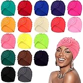 JaGely 18 Pieces Women Turban African Pre Tied Bonnet Hairwrap for Sleeping Flower Knot Bonnet Beanie Cap Turban Head Wraps Pre Knotted Headband Hat