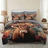 Nesker 7 Pcs Comforter Set Queen Size, Highland Cow Bedding Set for Kids and Adults, Animal Farm Spring Flower Bed Sheet Sets with Fitted Sheet 2 Pillowcases & 2 Shams