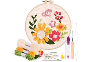 Pllieay Punch Needle Embroidery Starter Kits for Kids and Adults Beginners, Include Instructions, Punch Needle Fabric with Floral Pattern, Yarns, Embroidery Hoops and Threader Tools