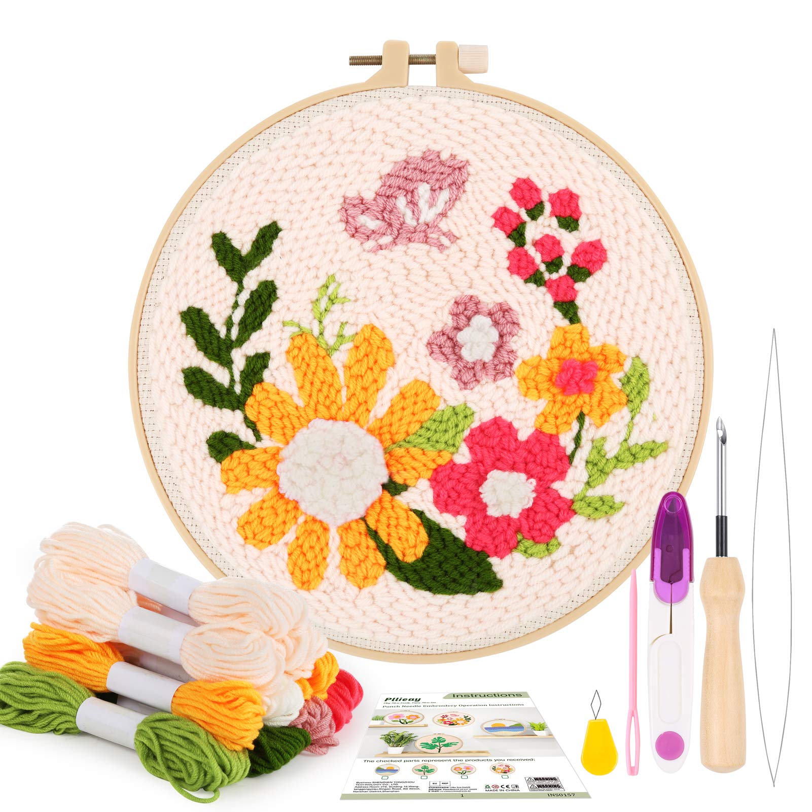 Pllieay Punch Needle Embroidery Starter Kit With Instructions, Fabric, Floral Pattern, Yarns, Hoops, and Threader Tools for Rug-Punch & Pinch Needle