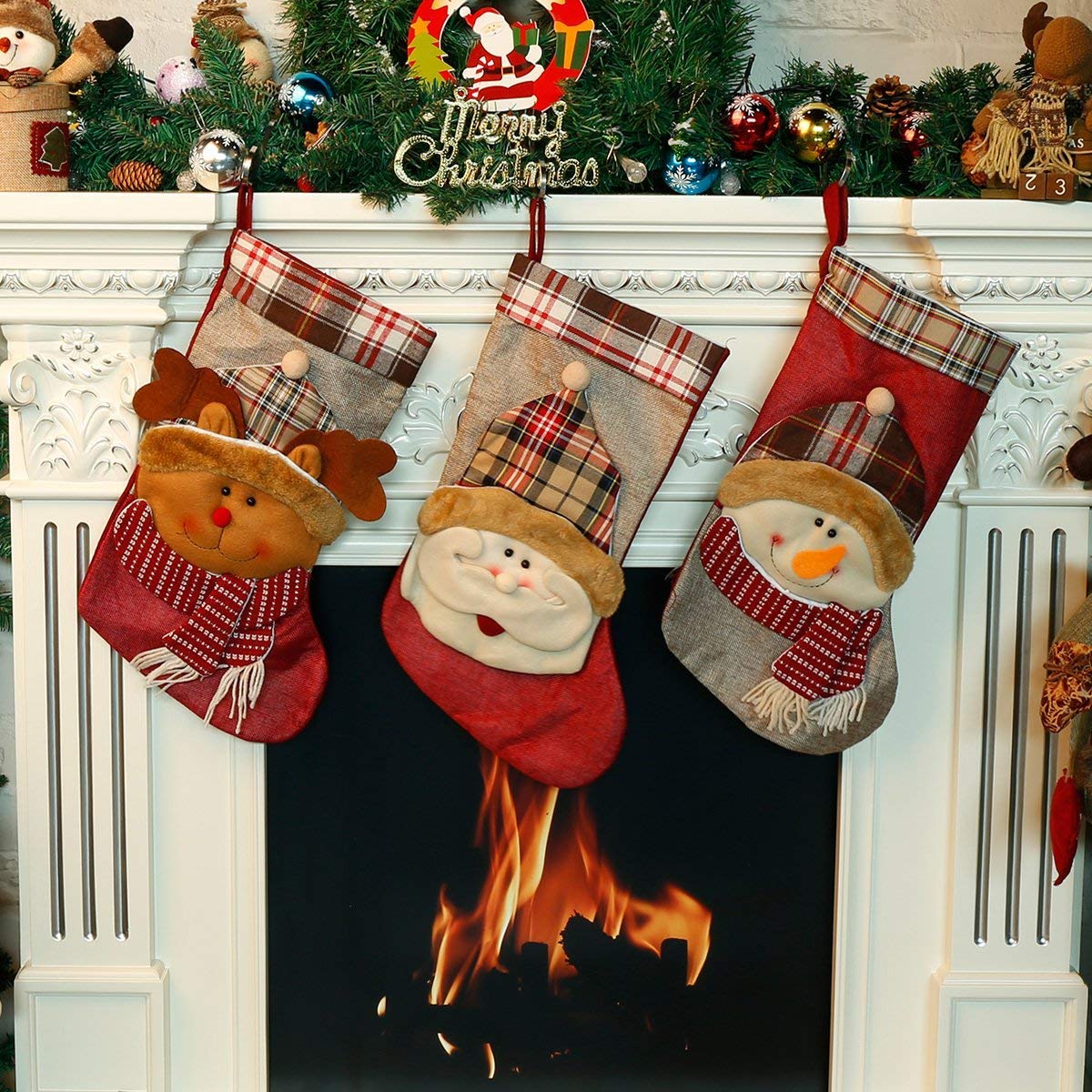 Christmas Stocking 3D Snowman Holiday Week Christmas Day Gift Plush Classic Traditional Plaid Adorable Cute Holiday Decoration Ornament Decorate Your Home for Party Office Xmas Tree 18 inch