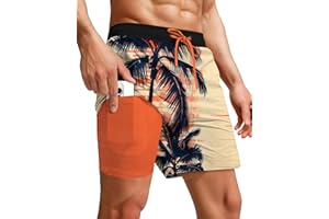 Yufawow 7 Inch 7in Men Swim Trunks Compression Liner Quick Dry Drawstring Male Swimwear Swimsuit Palm Tree Swimtrunks