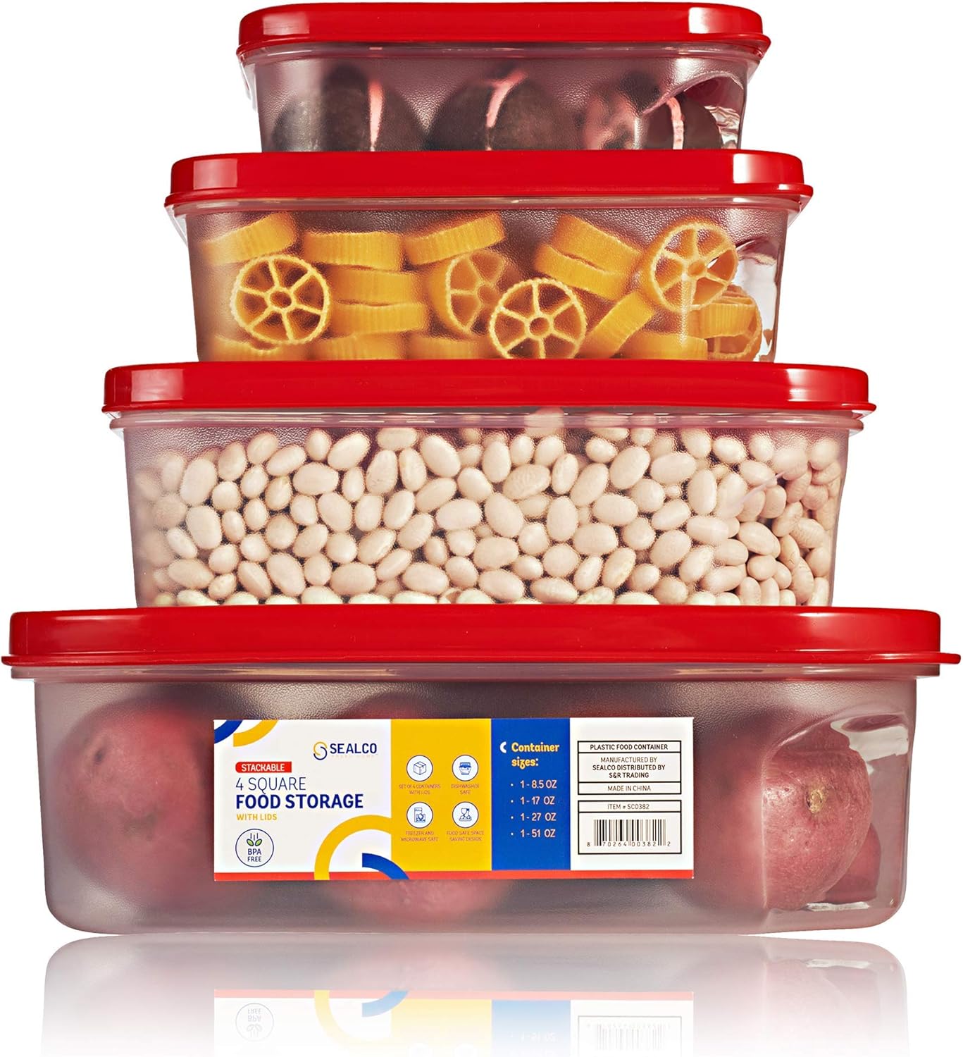 Sealco Food Storage Containers with Lids – Reusable Plastic Containers – BPA-Free, Stackable, Microwave, Dishwasher, Freezer Safe 4 Piece Set