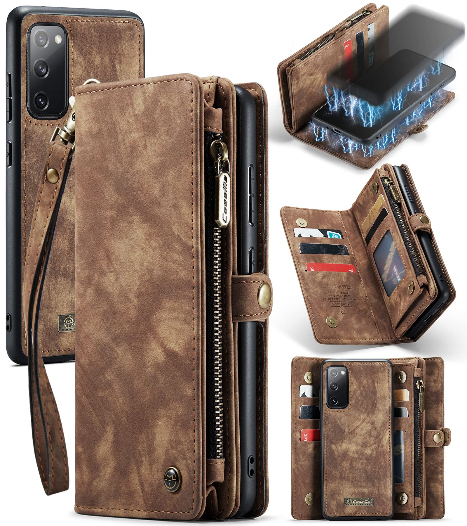 UFinetech Detachable Samsung Galaxy S20 FE Case Wallet Leather TPU Magnetic Flip Slot Card Holder Zipper Stylish 2020 Luxury 2-in-1 Multifunction Purse Holster Cover for Samsung Galaxy S20 FE 5G Brown