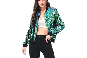 Anna-Kaci Womens Sequin Jacket Bomber Coat 1989 Slitter Outfit For Concert Party, Blue, Large