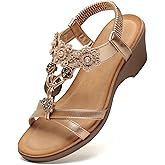 TETSUO Women Wedge Sandal Flower Low Heels Sandals Comfortable Summer Beach Walking Rhinestone Shoes for Women Open Toe Ankle Elastic Back strap T-Strap Dressy Bohemian Shoe
