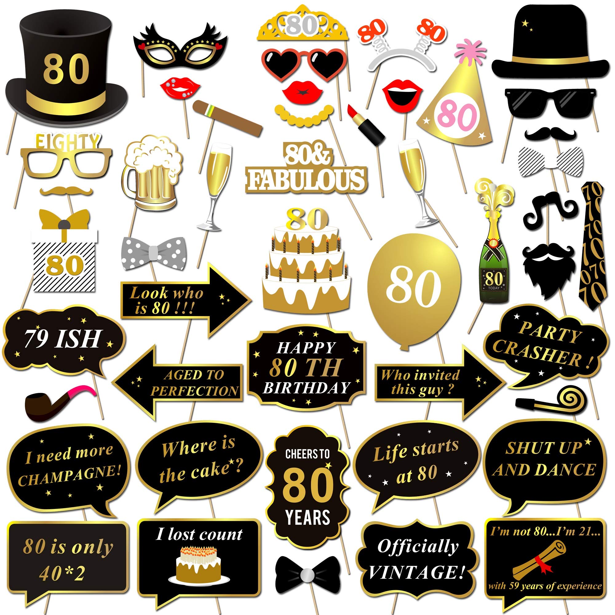 HOWAF 48pcs Chic 80th Birthday Photo Booth Props Kit - Black Gold Accessories for Age 80 Party Decorations, Supplies and Favors