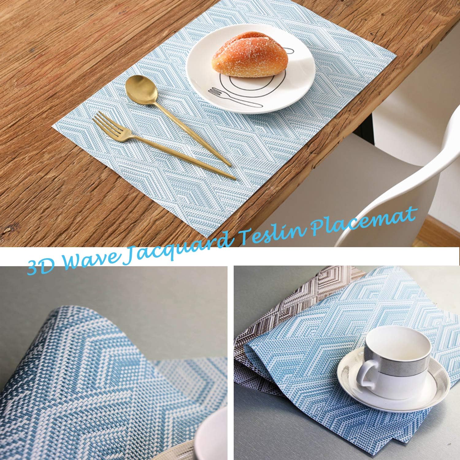 Fanciher 6PCS Placemats, 3D Wave Jacquard PVC Place mats Heat-Resistant Stain Resistant Anti-Skid Table Durable Cross Weave Mats for Dining Table (Blue): Home & Kitchen