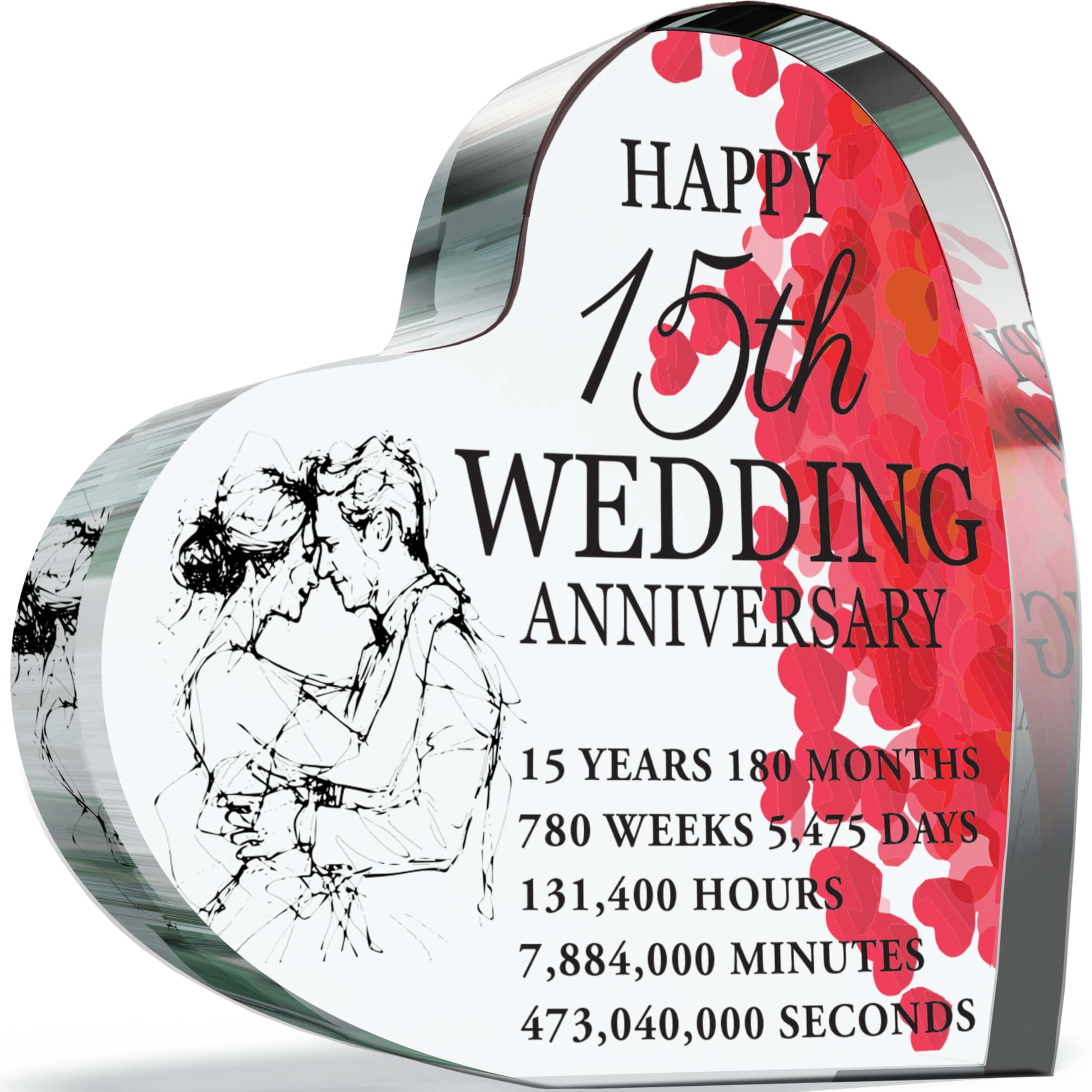 15th Anniversary Plaque Gifts for Wife Husband - Happy Crystal Wedding Anniversary - I Love You Romantic Acrylic Heart Gift For Women Men, 100mm x 100mm Present For Couples Fifteenth Anniversaries