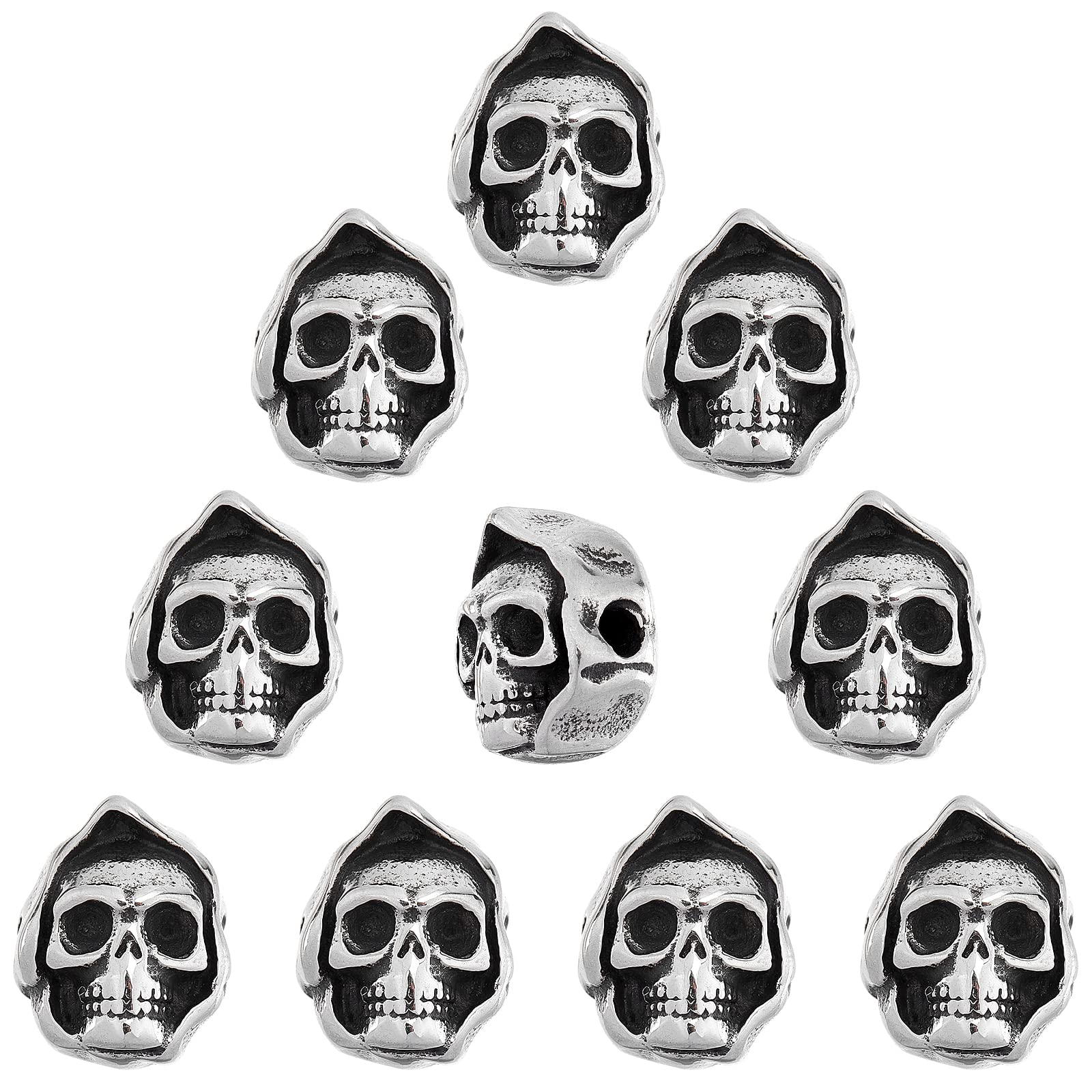 DICOSMETIC 10Pcs Skull Beads Stainless Steel Spacer Beads Hooded Skull Loose Beads Tibetan Style Halloween Beads Large Hole Skull Metal Beads for Jewelry Making, Hole: 2mm