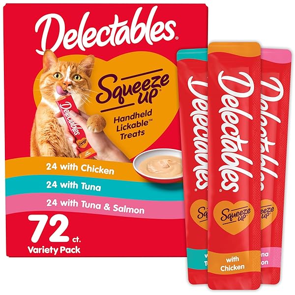 DELECTABLES SQUEEZE UP VARIETY PACK, CREAMY SQUEEZABLE PUREE, LICKABLE WET CAT TREATS, GRAIN FREE, NO ADDED FILLERS, NO BY-PRODUCTS, NO ADDED PRESERVATIVES, 0.5 OUNCES TUBE, 72 TUBES TOTAL