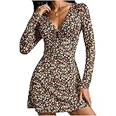 Milumia Women's Boho Floral Long Sleeve Mini Dress Tie Front V Neck A Line Short Dresses