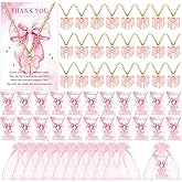 Kenning 24 Set 72 Pcs Galentines Coquette Pink Bow Party Favors Pink Bow Necklaces Gift Bulk Bowknot Necklace Jewelry Gifts with Thank You Card and Storage Bag for Cheer Team Birthday Gift