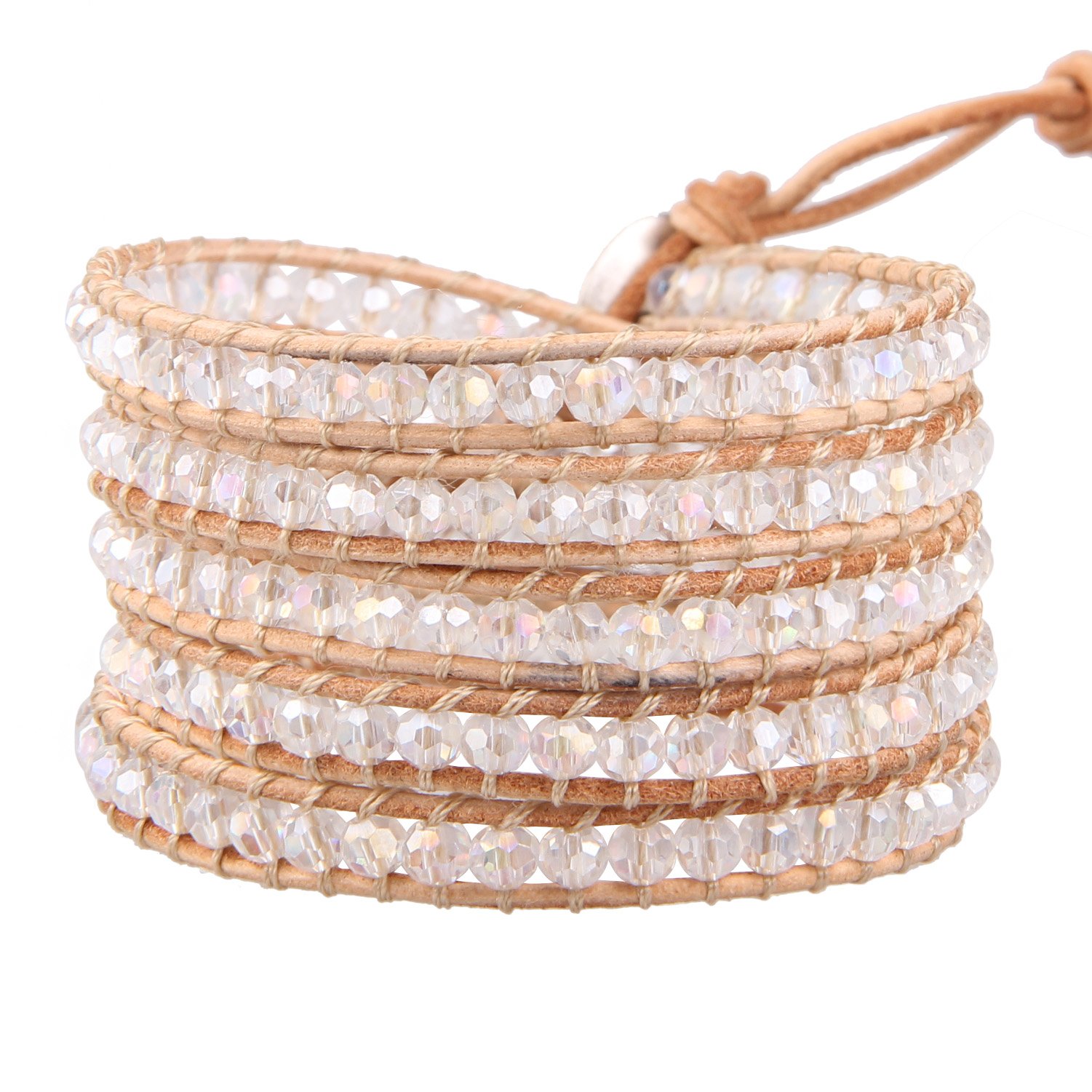 KELITCH Crystal 5 Wraps Bracelets Handmade Leather Beaded Bracelets Multi Strands Bracelets Bangles (Clear)