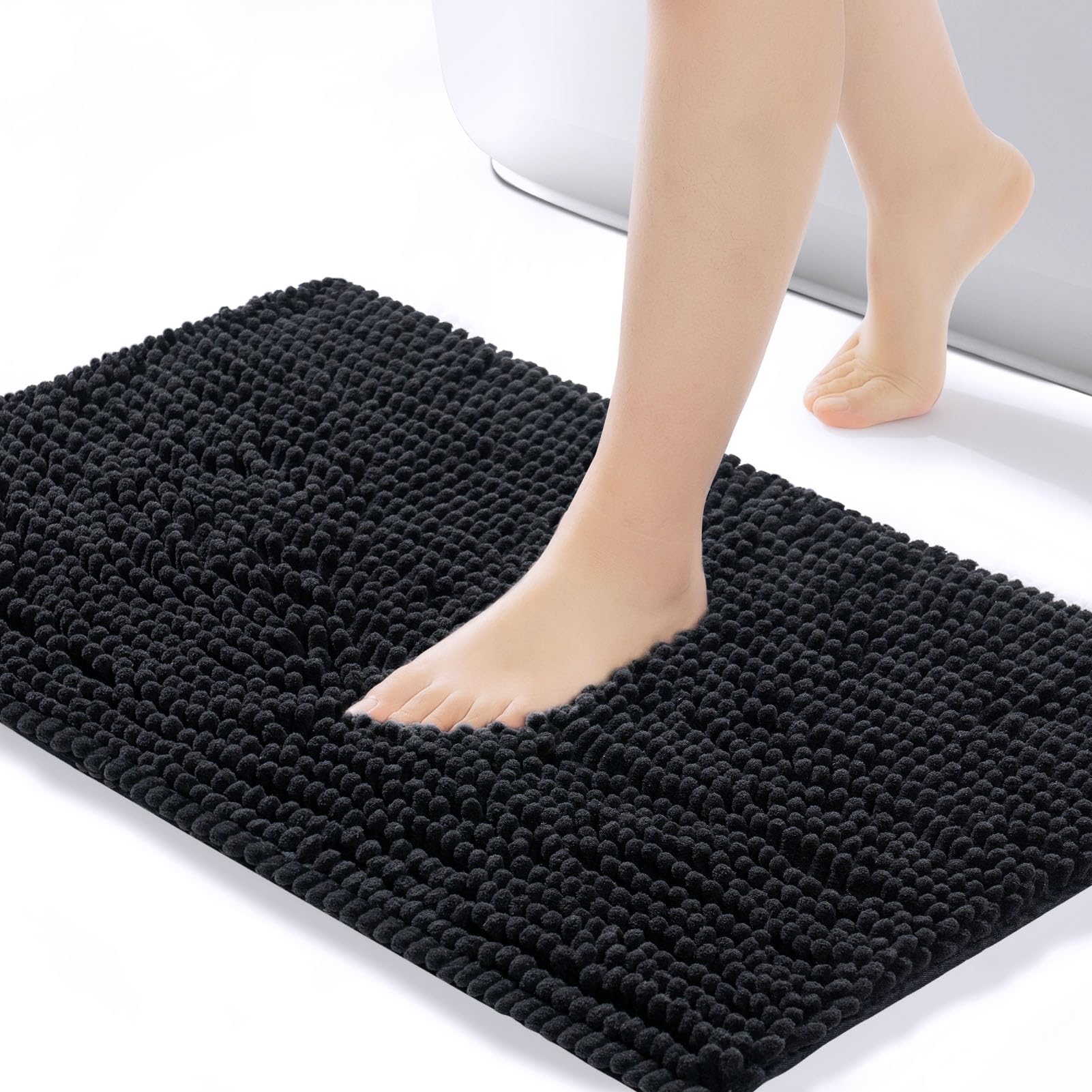 Photo 1 of FRESHMINT Large Chenille Bathroom Rugs Mat 36”x24”, Non-Slip Bath Mat for Bathroom Floor & Bathtub, Washable Shower Shag Bath Rugs, Soft Fluffy Thick Water Absorbent Microfiber Shower Mat, Black