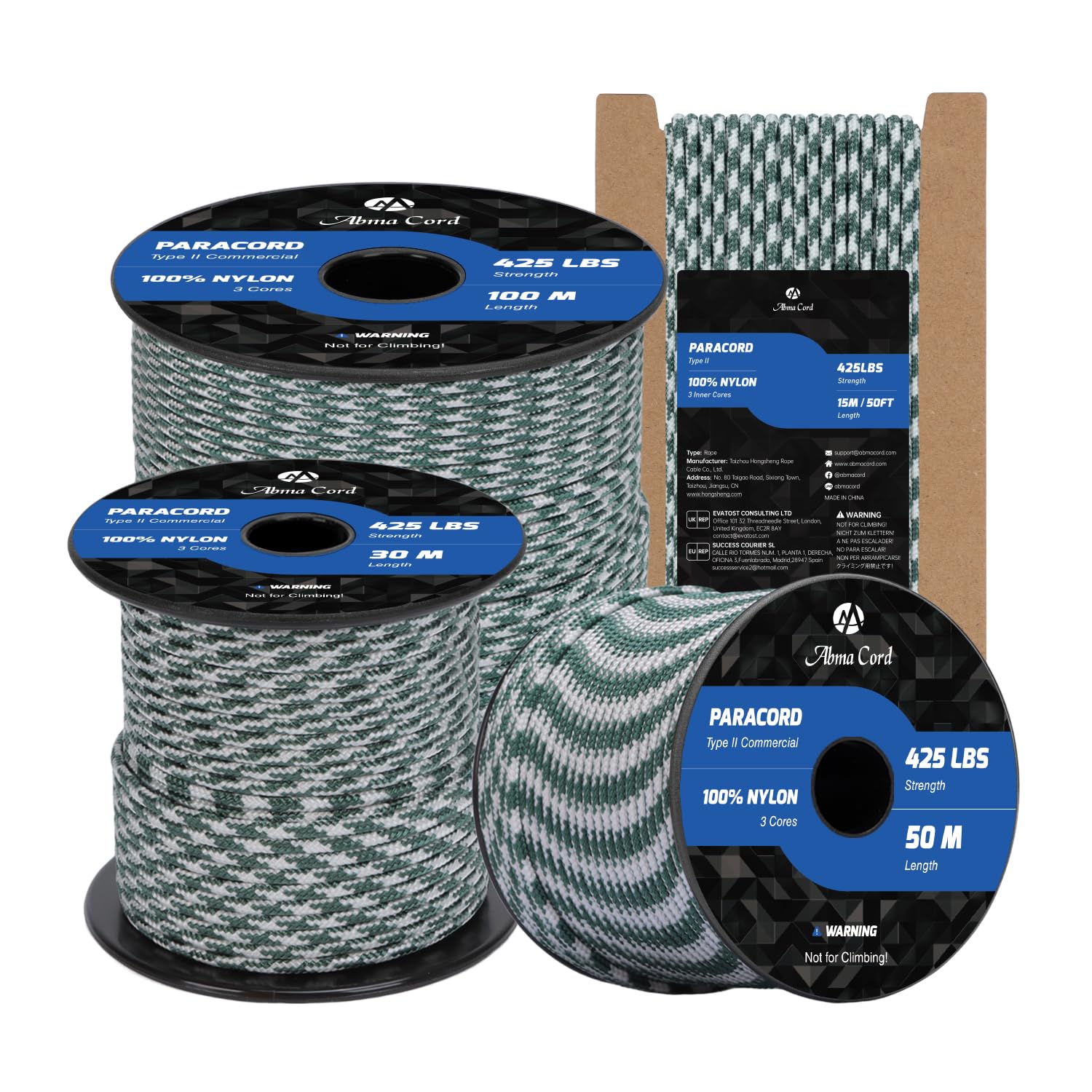Abma Cord Paracord 3mm 50m 100% Nylon Rope Type II 3 Strands Parachute Cord - Max. 192kg (425lbs) - Shamrock Frost