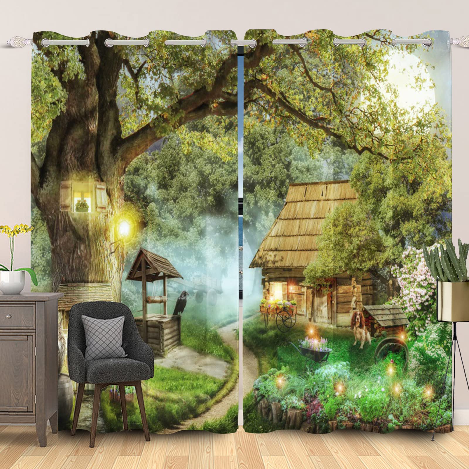 SDOTPMT 117x183cm Magic Tree Window Curtains Wooden House Foggy Forest Lantern Fairytale Window Drape Farm Natural Scenery Window Treatment for Kids Living Room Bedroom Blackout Curtain, 2 Panels