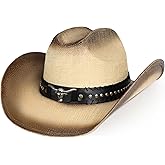 WQWOVRVO Cowboy Hat,Cowgirl hat,Brown Cowboy Hats for Women/Mens Straw Wide with Shapeable Brim Western Cowboy Hat for Womens