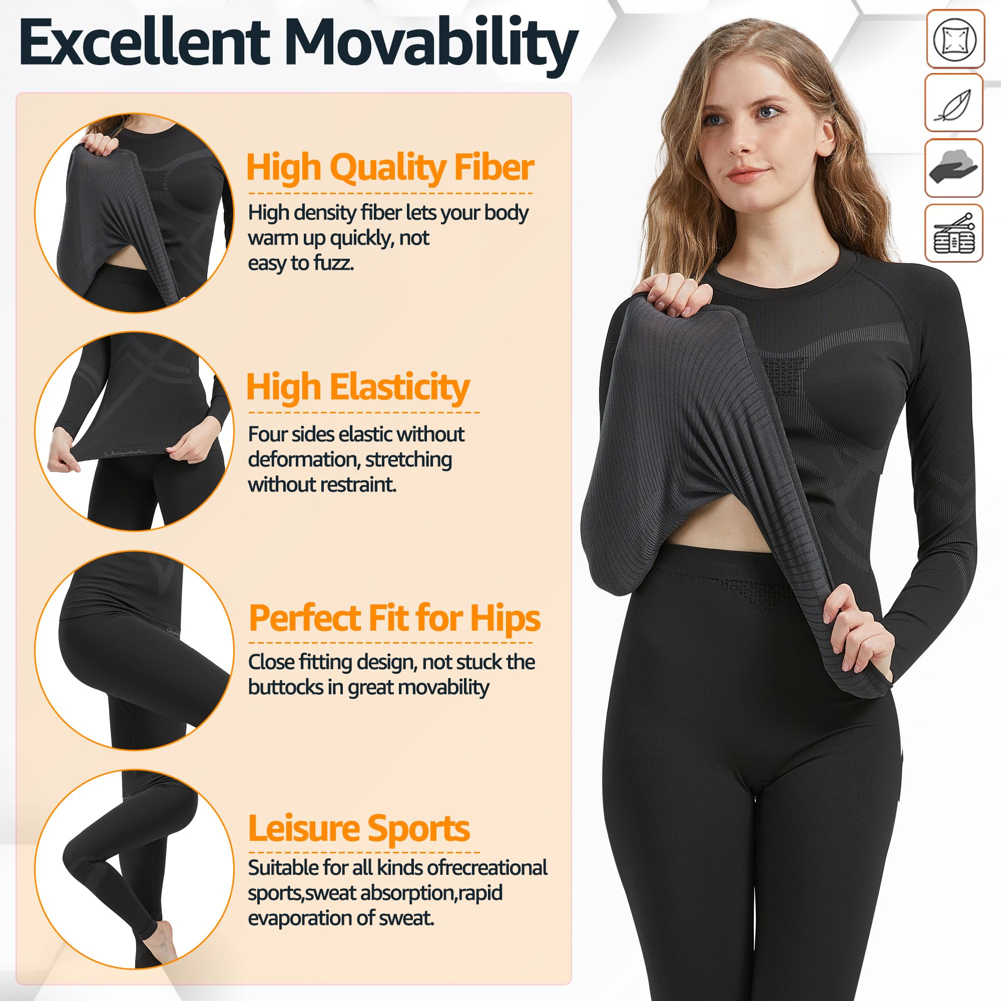 UNIQUEBELLA Thermal Underwear Womens, Quick Dry Winter Ladies Thermal Underwear Ski Thermal Underwear Set Functional Underwear for Skiing Sport Yoga
