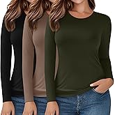 Evervibe 3 Pack Women's Plus Size Long Sleeve Shirts Crew Neck Slim Fitted T Shirt Stretchy Casual Bodycon Basic Tee Tops
