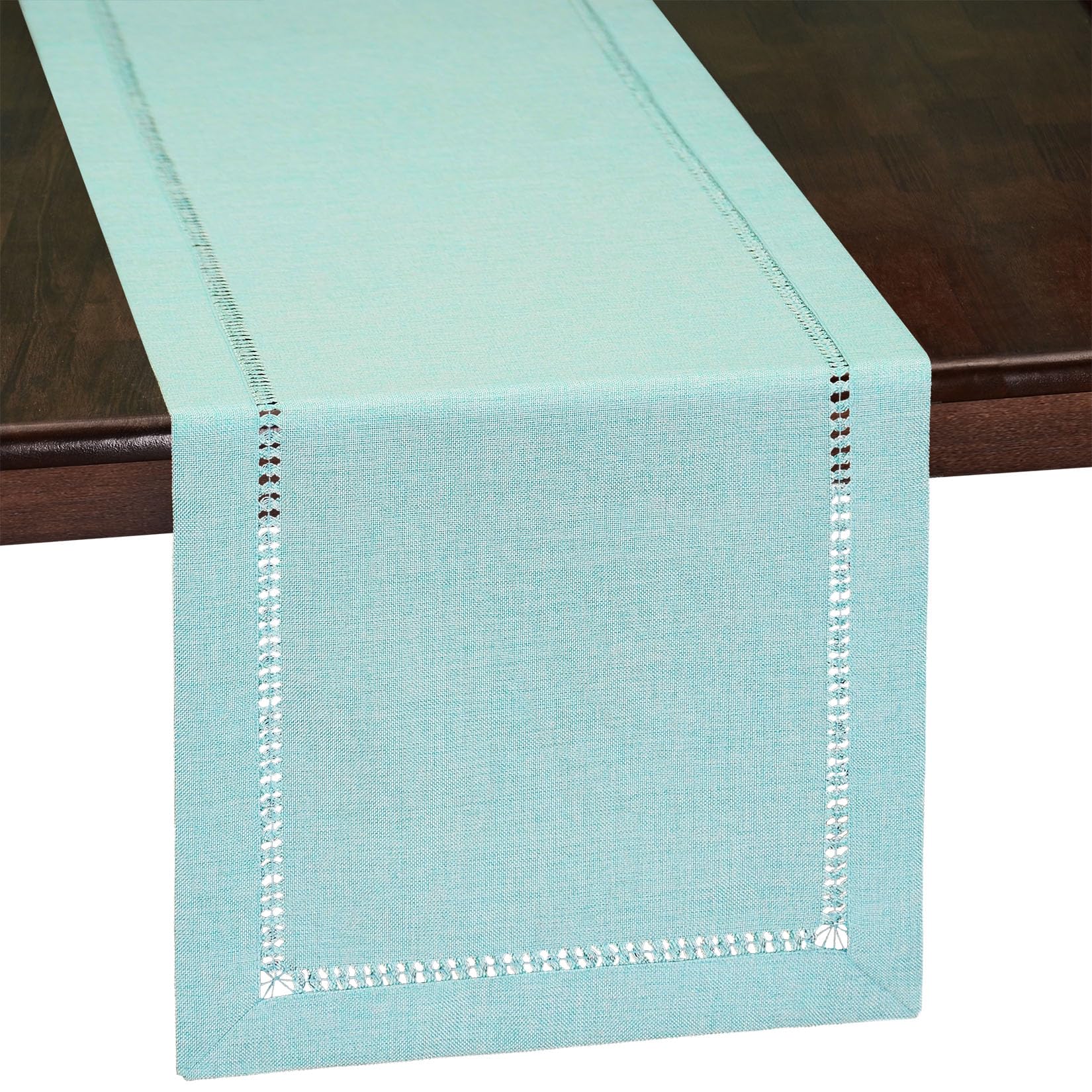 Grelucgo Handcrafted Solid Color Dining Table Runner, Dresser Scarf, Double-Hemstitched (Aqua, 14 x 36)