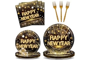 QYEAHKJ 100pcs Happy New Year Plates and Napkins Party Supplies Black and Gold 2026 New Year's Evening Disposable Tableware Set NYE Dinner Dessert Dinnerware Decor Holiday Party Celebration for 25 Guests
