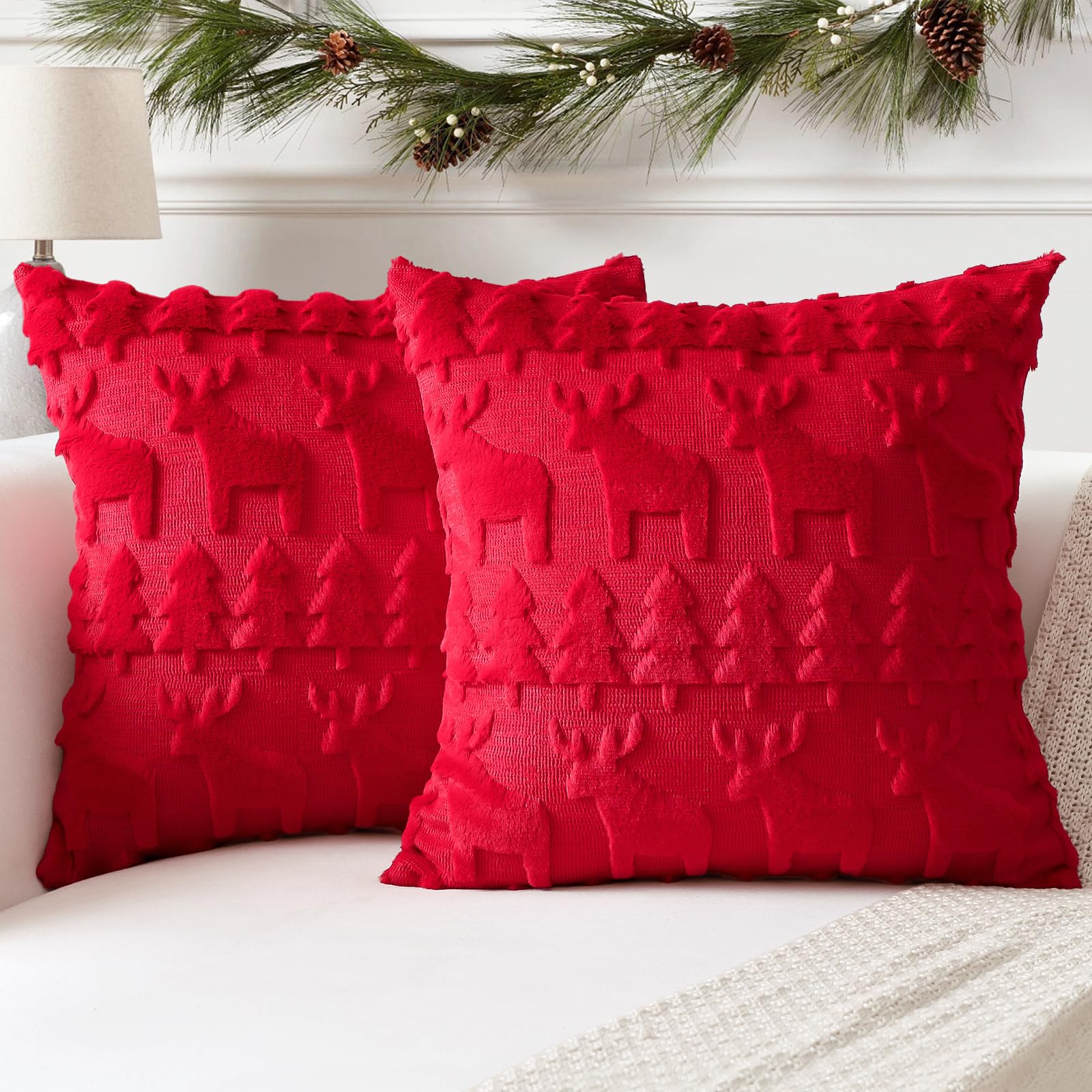 Artscope Set of 2 Xmas Soft Plush Short Wool Velvet Decorative Cushion Covers Square Luxury Style Throw Pillow Covers Pillow Shell for Sofa Bedroom Christmas Tree and Elk Red, 70x70cm