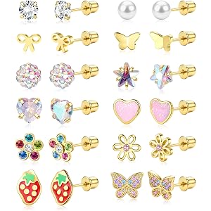 CASSIECA 12Pairs Screw Back Earrings for Women Girls Hypoallergenic Studs | Surgical Stainless Steel,Flat Back Earrings,Cute