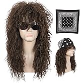 karlery Adult 70s 80s Long Brown Curly Mullet Wig with Bandana Punk Rocker Metal Wig for Halloween Costume Party