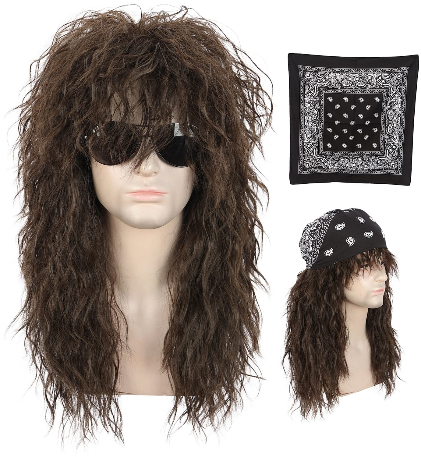 Karlery Men 70s 80s Rocker Metal Mullet Wig with Bandana Long Curly Brown Punk Wig Halloween Party Wig — image 1