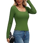 kakola Ribbed Square Neck Tops for Women Basic Long Sleeve Tees Scoop Neck Fitted Cropped T-Shirts 2025 Fall