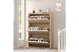 GarveeHome Shoe Cabinet with 3 Flip Drawers, Wooden Shoe Organizer Cabinet with Adjustable Shelf, Shoe Storage for Entryway, Hidden Shoe Cabinet for Hallway, Living Room, Natural Oak