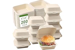 200Pack Clamshell Take Out Food Containers, 100% Compostable Disposable To Go Containers, 6X6 Heavy-Duty To Go Boxes