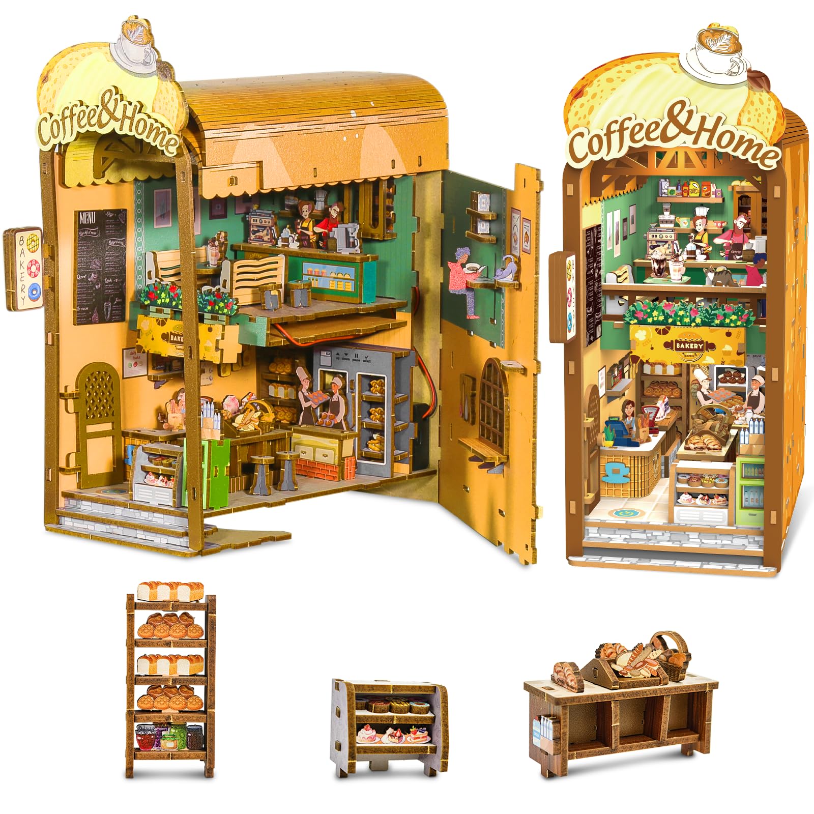 Book Nook Kit - 3D Wooden Puzzles DIY Miniature House Kit with Led Light, Dollhouse Miniature Toys for Craft Lovers Teens and Adults(Coffee and Home)