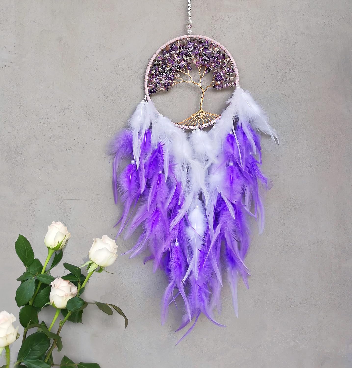 Tree of Life Dream Catcher with Natural Healing Crystals, Handmade Wall Hanging Ornament Home Decoration in Elegant Package, Crystals Dream Catcher for Bedroom As Best Wishes Blessing Gift(Purple)
