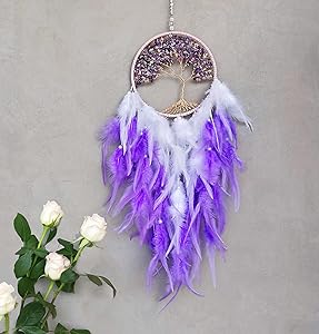 Tree of Life Dream Catcher with Natural Healing Crystals, Handmade Wall Hanging Ornament Home Decoration in Elegant Package, Crystals Dream Catcher for Bedroom As Best Wishes Blessing Gift(Purple)