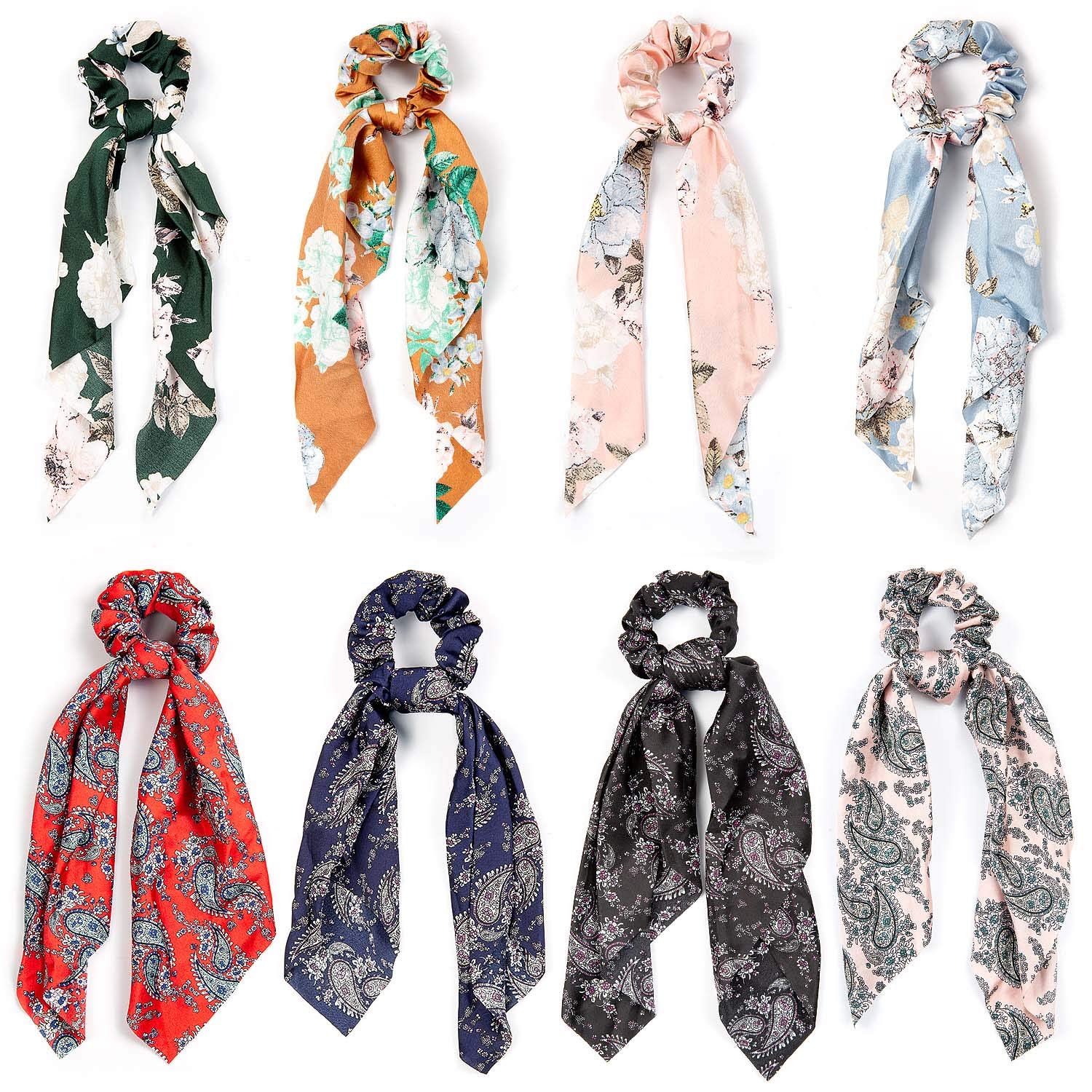 Hair Scarfs Scrunchies, Comius Sharp 8 Pcs Hair Scrunchies Long Silk Satin Womens Hair Ponytail Holder Elastic Hair Bands Scrunchy Headband Accessories, Chiffon Bowknot Hair Scrunchies (B)