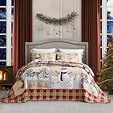 HZ & HY Christmas Oversized Bedspread 128x120 Extra Wide, Winter Snowman Pattern Bedding Quilt, Rustic Lodge Plaid Patchwork Comforter Set, Lightweight & Soft Microfiber, 3 Piece, Cal King