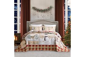 HZ & HY Christmas Oversized Bedspread Cal King Size, Snowman Pattern Bedding Quilt, Rustic Lodge Plaid Patchwork Coverlet Set, Lightweight & Soft Microfiber, 3 Piece, Cal King