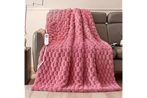 EASTSORA Electric Blanket 50" x 60" Soft Ribbed Faux Fur Flannel Quick Heat 12 Heat Levels 1-12 Hour Timer & Overheat Protection & Auto Shut Off & ETL FCC (Blush Pink, Throw 50" x 60")