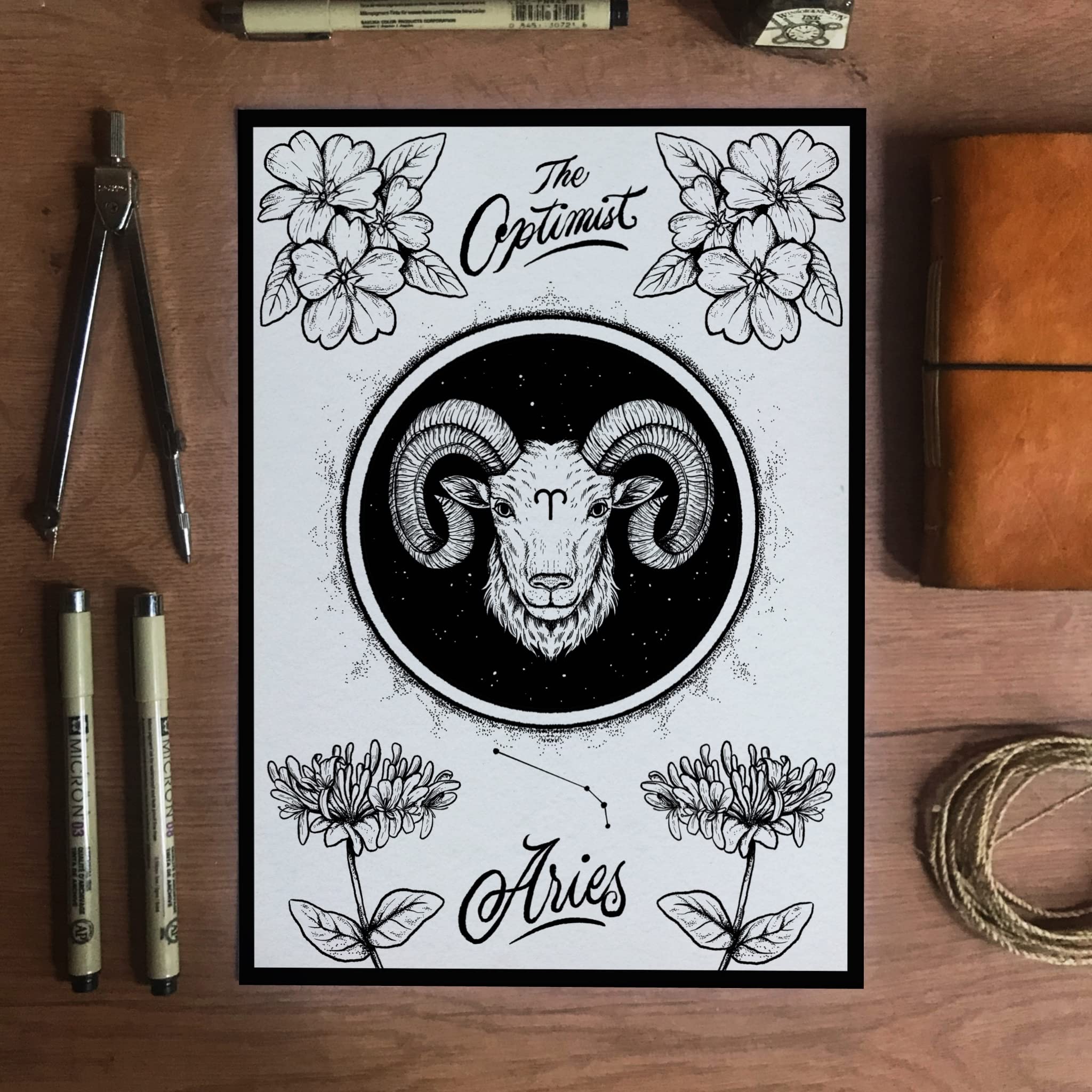 Hand-Drawn Dot Art Zodiac Star Sign Print Greeting Card Astrology Poster Wall Art Horoscope Gift Present (Aries, A4 Size Poster)